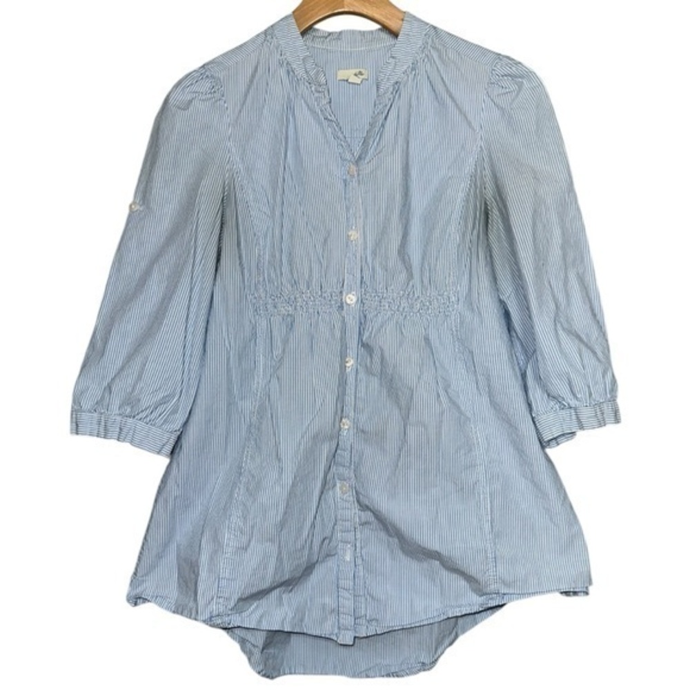 Odille Anthropologie Sz 2 Blue White Pinstripe Gathered Waist Button Down Shirt